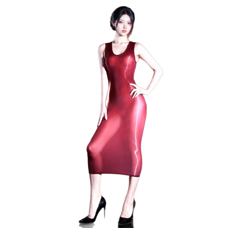Sexy Mesh Sheer Bodycon Dress - Dames sexy jurk mouwloos olieglanzend doorschijnend